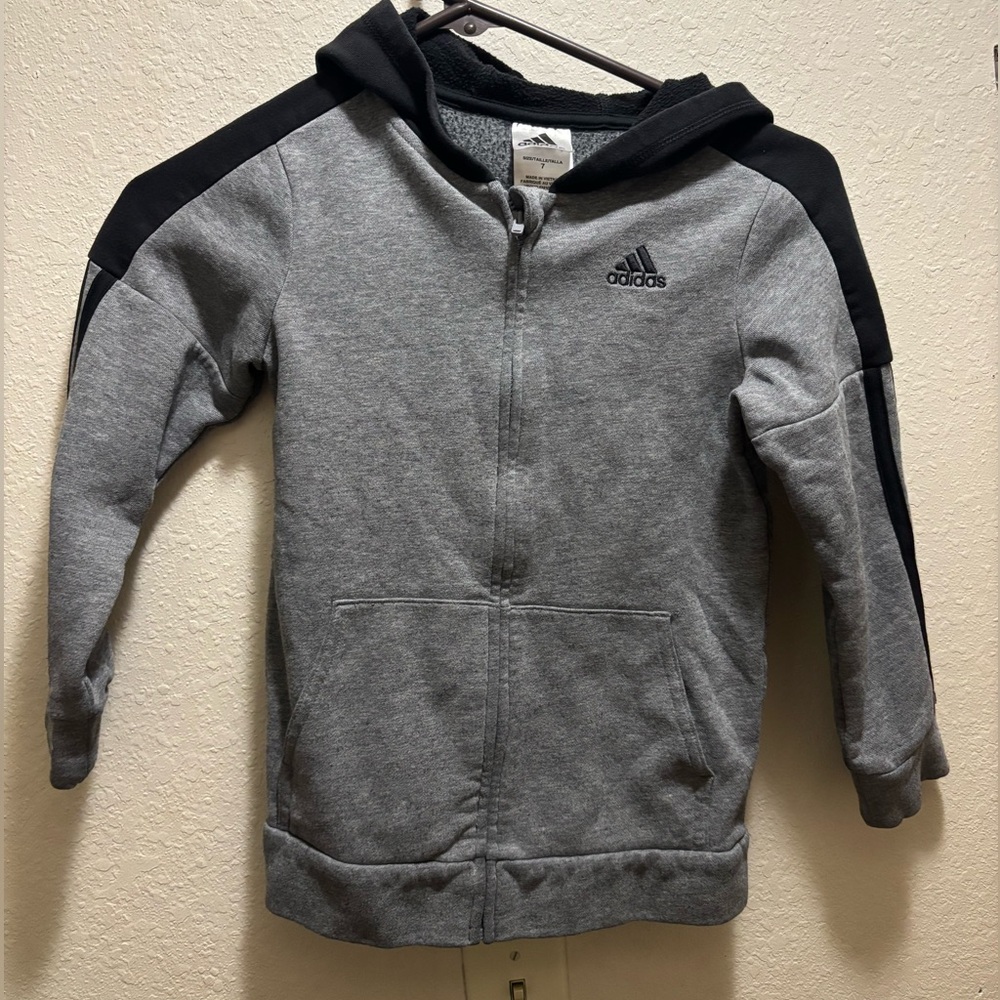 Adidas Kids Size 7 Grey Black Zip Up Hoodie Jacket